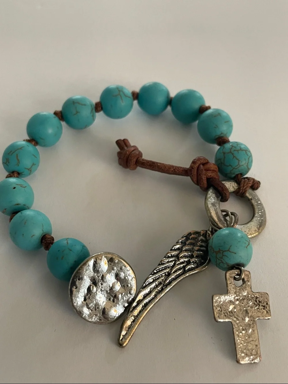Turquoise Beaded Bracelet-Angel Wing/Cross Silver/Leather X/S